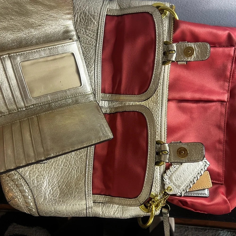 Coach Poppy Hippie Whipstitch Metallic Gold Leather Braided Bag and Wallet Set